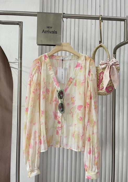 Summer Floral Print Loose V-Neck Tops